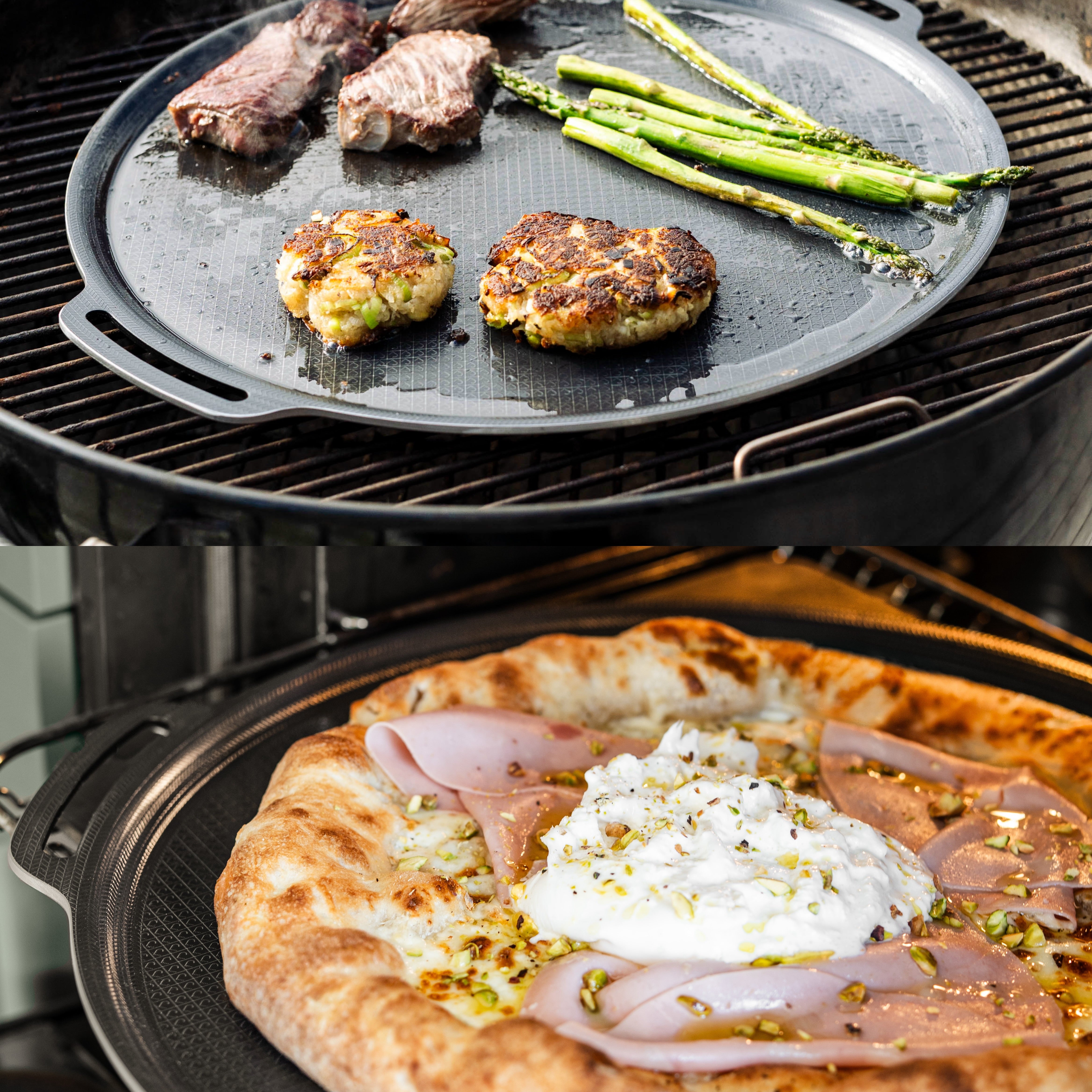 Pizza- og grillplade + grillredskaber + burger smasher